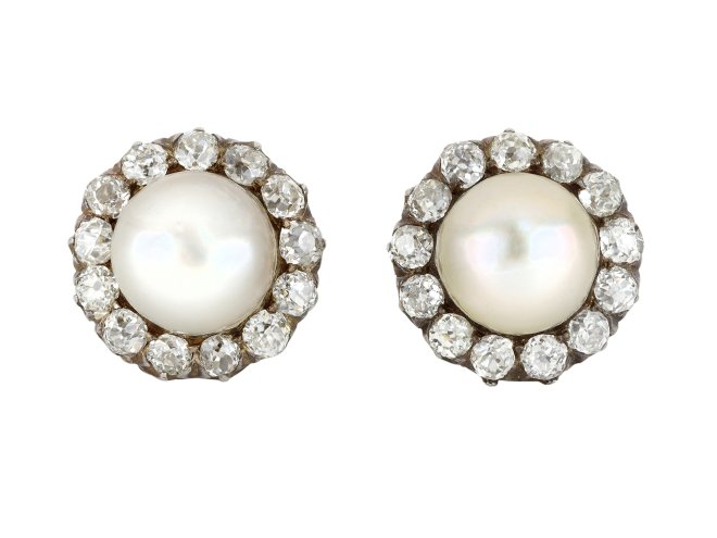 Victorian natural pearl and diamond cluster earrings, circa 1880.
