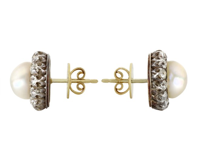 Victorian natural pearl and diamond cluster earrings, circa 1880.