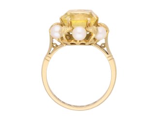 Yellow Ceylon sapphire and pearl ring, circa 1960. Hatton Garden