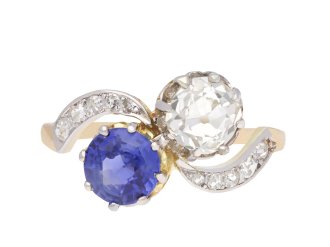 Ceylon sapphire and diamond crossover ring, circa 1910. Hatton Garden