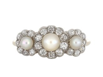Natural saltwater pearl and diamond cluster ring, circa 1915.