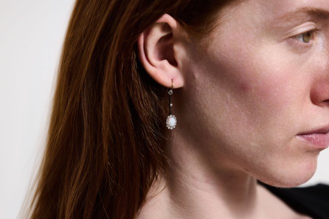 Edwardian Opal and Diamond drop earrings, circa 1915. Hatton Garden