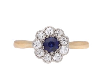 Edwardian Sapphire and Diamond Coronet Cluster Ring, Circa 1930. Hatton Garden