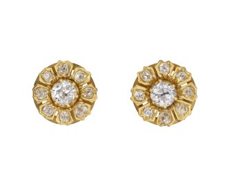Old mine diamond cluster earrings, circa 1890. Hatton Garden