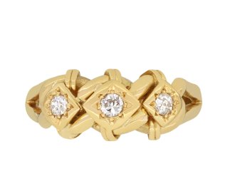 Old cut diamond love knot ring, English, 1931.  Hatton Garden