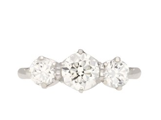 Old cut diamond three stone ring, circa 1920.Hatton Garden