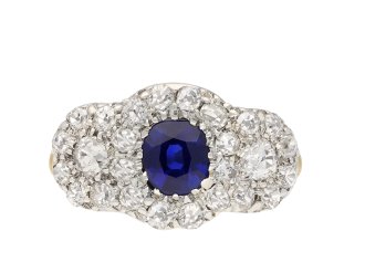 Edwardian sapphire and diamond cluster ring, circa 1900. Hatton Garden