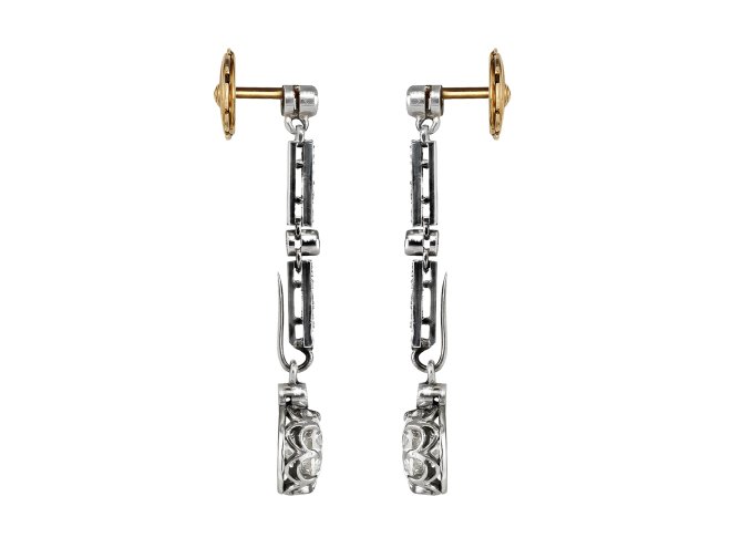 Diamond drop earrings, circa 1920. 