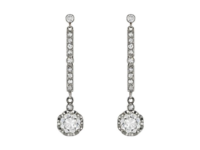 Diamond drop earrings, circa 1920. 