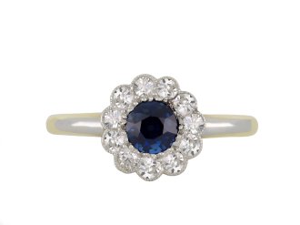 Sapphire and diamond coronet cluster ring, circa 1910.