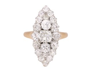 Belle Époque marquise shape diamond cluster ring, French, circa 1905. Hatton Garden