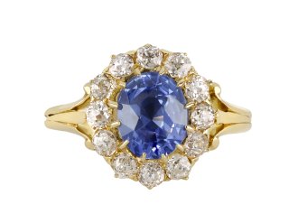 Ceylon sapphire diamond coronet cluster ring hatton garden