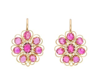 Victorian pink sapphire and diamond flower earrings, circa 1890. Hatton Garden