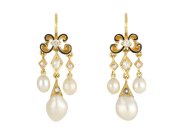 Victorian natural pearl and diamond drop earrings, circa 1870. Hatton Garden