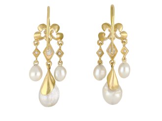 Victorian natural pearl and diamond drop earrings, circa 1870. Hatton Garden