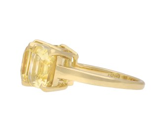 Yellow Ceylon sapphire three stone ring, circa 1950. Hatton Garden