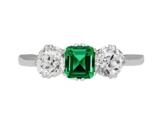 colombian emerald and diamond three stone ring.  hatton garden