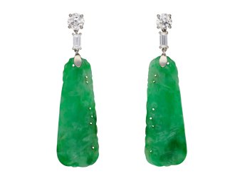 Art Deco diamond and jade earrings, circa 1925. 