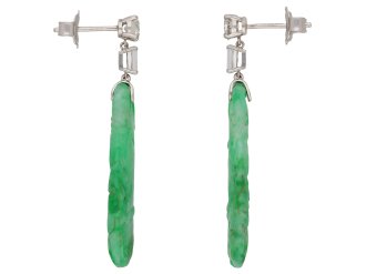 Art Deco diamond and jade earrings, circa 1925. 