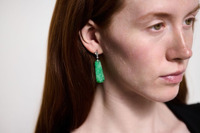 Art Deco diamond and jade earrings, circa 1925. 
