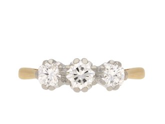 Diamond three stone ring, English, circa 1973. Hatton Garden