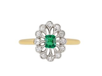 edwardian emerald and diamond coronet cluster ring. hatton garden
