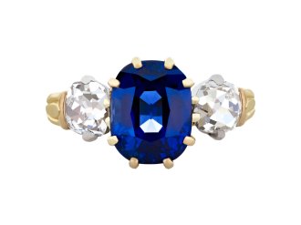 sapphire and diamond three stone ring, french. hatton garden.