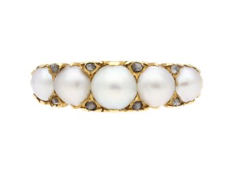 victorian pearl five stone carved ring, circa 1890. hatton garden