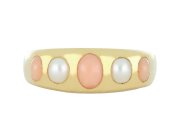 coral and pearl five stone gypsy ring, circa 1880. hatton garden