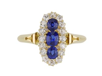 Victorian Sapphire and diamond triple cluster ring, English, 1892.