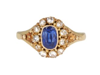 Sapphire and diamond coronet cluster ring, circa 1860. hatton garden