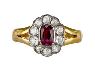 Edwardian ruby and diamond coronet cluster ring, circa 1905.