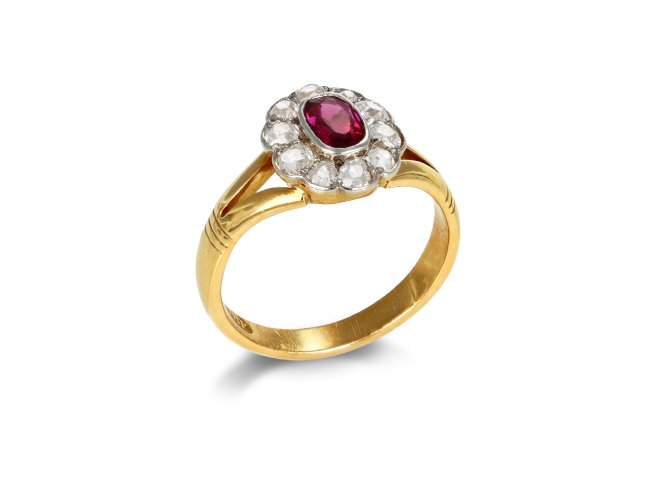 Edwardian ruby and diamond coronet cluster ring, circa 1905.