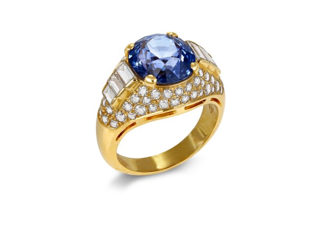 Bulgari Ceylon sapphire and diamond 'Trombino' ring, circa 1980. 