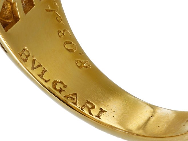 Bulgari Ceylon sapphire and diamond 'Trombino' ring, circa 1980. 