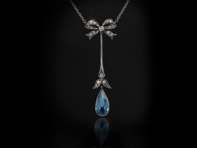 Aquamarine and diamond drop necklace, circa 1910