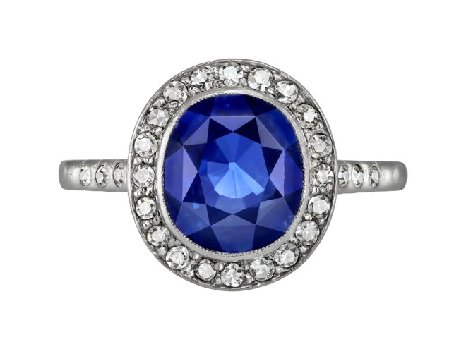 Ceylon sapphire and diamond coronet cluster ring, French, circa 1920. 