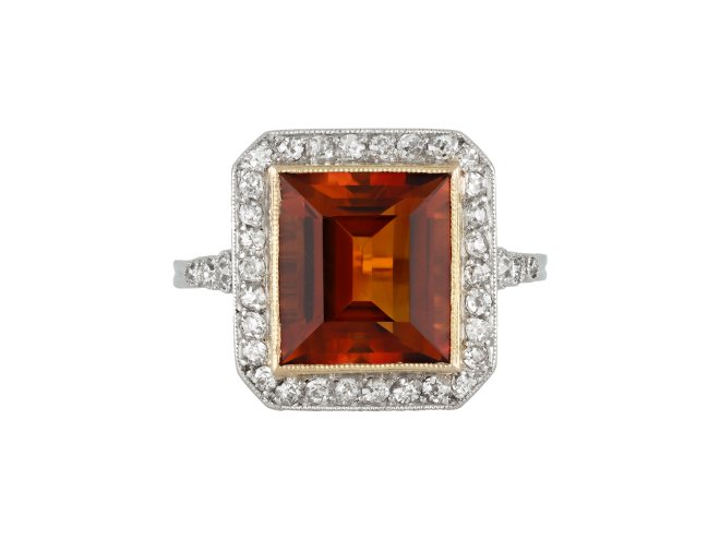 Art Deco citrine and diamond coronet cluster ring, French, circa 1920. 