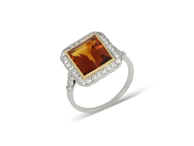 Art Deco citrine and diamond coronet cluster ring, French, circa 1920. 