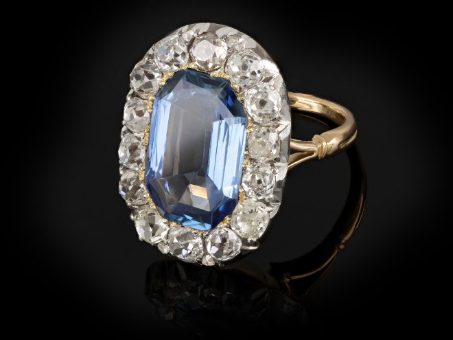 Victorian sapphire and diamond coronet cluster ring, circa 1870.