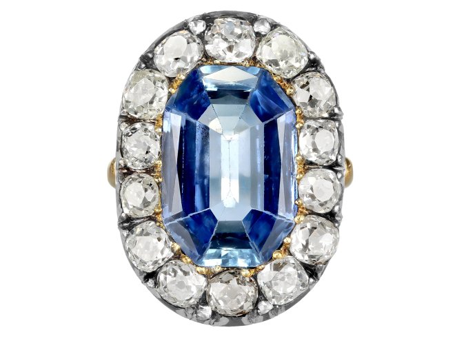 Victorian sapphire and diamond coronet cluster ring, circa 1870.