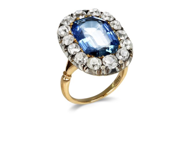 Victorian sapphire and diamond coronet cluster ring, circa 1870.