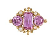 Victorian pink topaz and pearl brooch, circa 1870.