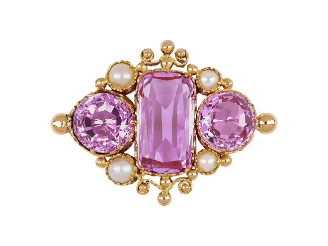 Victorian pink topaz and pearl brooch, circa 1870.