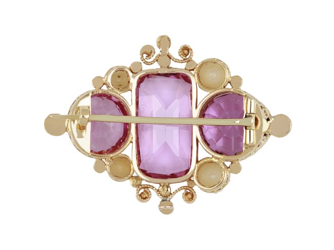 Victorian pink topaz and pearl brooch, circa 1870.