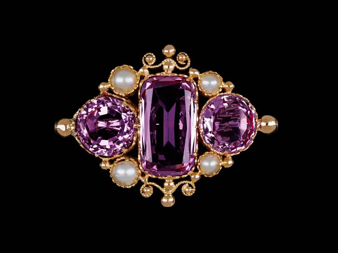 Victorian pink topaz and pearl brooch, circa 1870.
