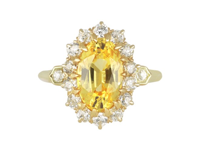 Yellow Ceylon sapphire and diamond coronet cluster ring, circa 1900.