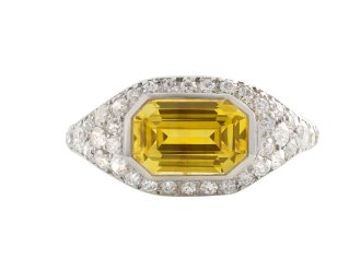Yellow Ceylon sapphire and diamond ring, circa 1935