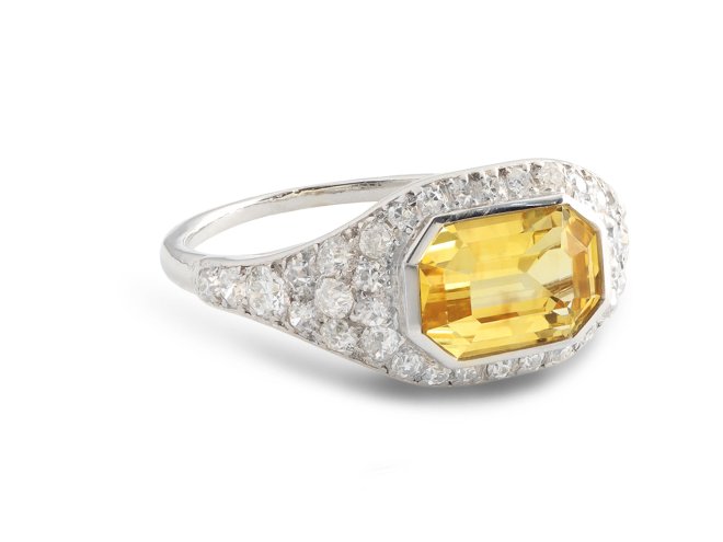Yellow Ceylon sapphire and diamond ring, circa 1935