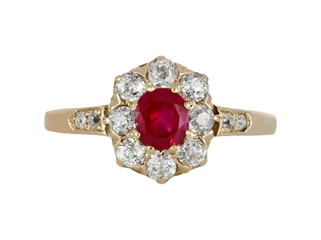 Burmese ruby and diamond coronet cluster ring hatton garden